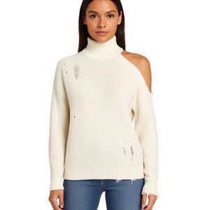 Lovers + Friends Womens Arlington Sweater Off White Distressed Turtleneck Wool S